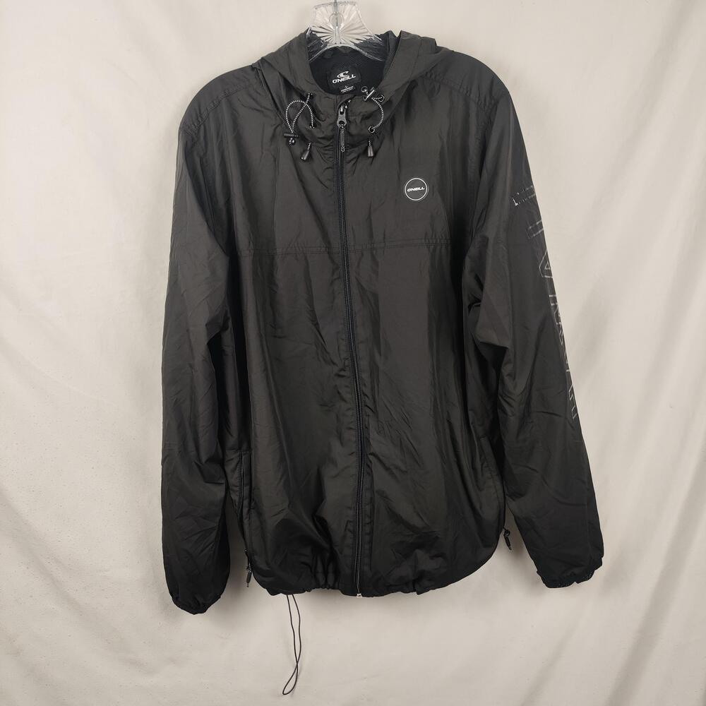 O'Neill Jacket Mens Large Black Hooded Windbreaker Full Zip Mesh Lined Logo